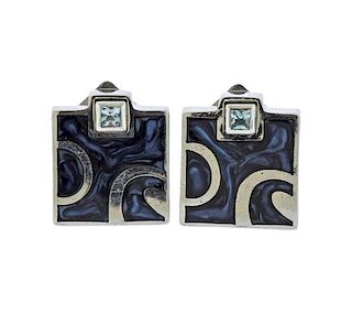 Sterling Silver Blue Stone Enamel Earrings