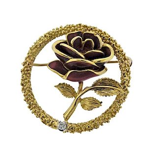 18K Gold Diamond Enamel Flower Brooch