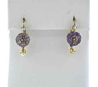 Antique French 18K Gold Pearl Purple Stone Earrings