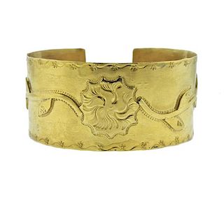 14K Gold Flower Motif  Wide Cuff Bracelet