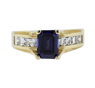 14K Gold Blue Stone Clear Stone Ring
