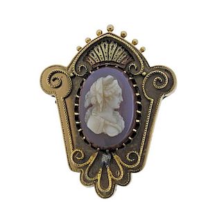Antique 14K Gold Agate Cameo Brooch