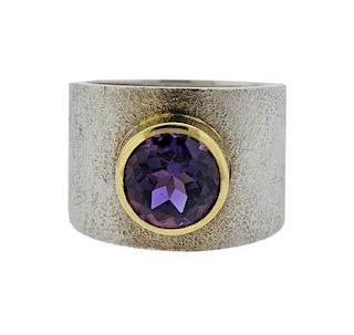 18K Gold Sterling Silver Purple Stone Wide Band Ring