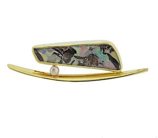 18K Gold Opal Pearl Brooch Pin