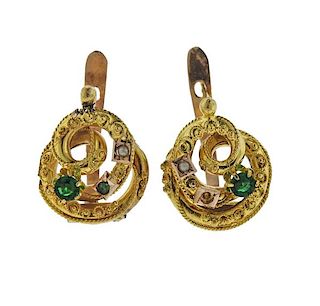 Antique 18K Gold Pearl Green Stone Earrings