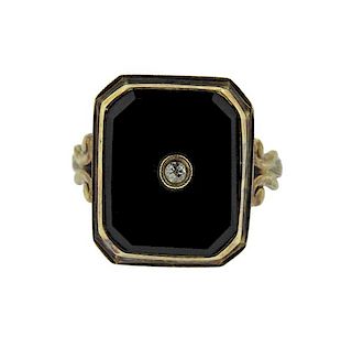 Art Deco 14K Gold Diamond Black Stone Ring