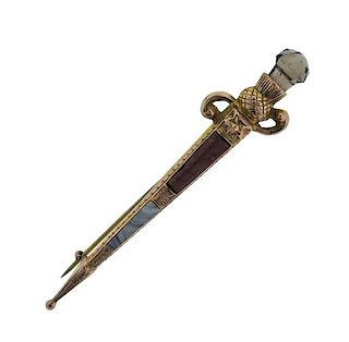 Antique Scottish 9K Gold Agate Smoky Quartz Sword Brooch