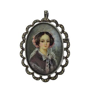 French Silver Marcasite Miniature Painting Brooch Pendant