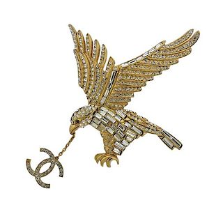 Chanel Base Metal Clear Red Stone Eagle Logo Brooch