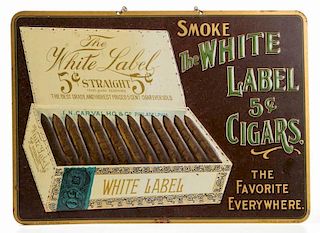 WHITE LABEL FIVE-CENT CIGAR EMBOSSED TIN ADVERTISING SIGN