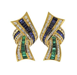 Charles Krypell 18K Gold Diamond Emerald Sapphire Earrings