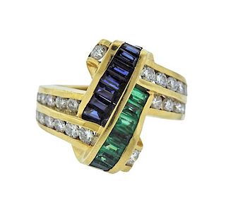 Charles Krypell 18K Gold Diamond Emerald Sapphire Ring