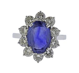 French 18K Gold Diamond Blue Stone Halo Ring