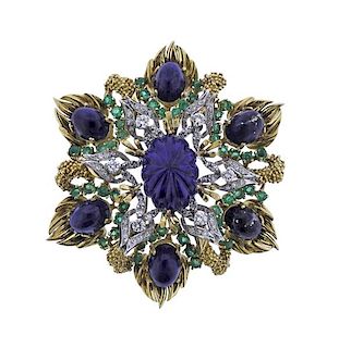 Gold Lapis Diamond Emerald Large Brooch 
