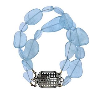 Art Deco Platinum Gold Diamond Clasp Aquamarine Bracelet
