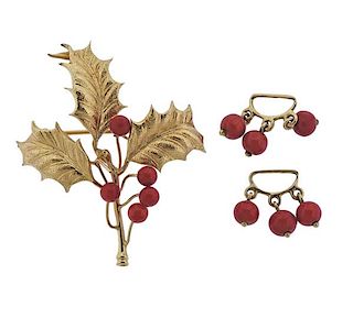14K Gold Coral Brooch Jewelry Set