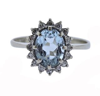14K Gold Diamond Blue Stone Halo Ring