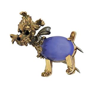 18K Gold Diamond Blue Black Stone Dog Brooch Pin