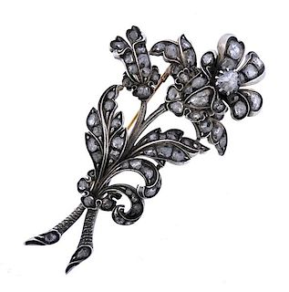 Antique 18K Gold Silver Rose Cut Diamond Flower Brooch