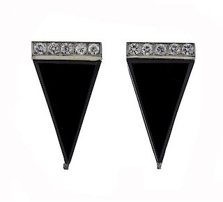 Platinum Diamond Onyx Triangle Earrings