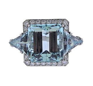 Platinum 25 Ct Aquamarine Diamond Cocktail Ring