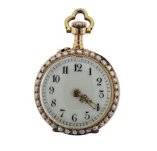 Antique LeCoultre Gold Enamel Diamond Pearl Pendant Watch