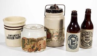 ASSORTED ADVERTISING STONEWARE ARTICLES, LOT OF FIVE
