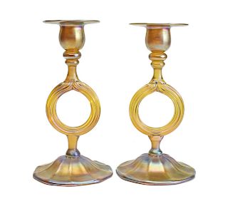 Pair LCT Tiffany Favrile Gold Candlesticks