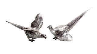 Pair English Sterling Silver Pheasants