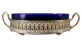 19th C. Austrian Silver & Cobalt Glass Centerpiece Bowl