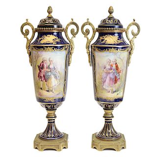 Pair Sevres Hand Painted Double Handled Urns