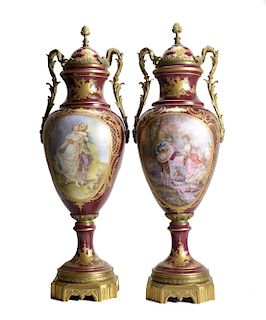 Pair of Sevres Style Porcelain Urns
