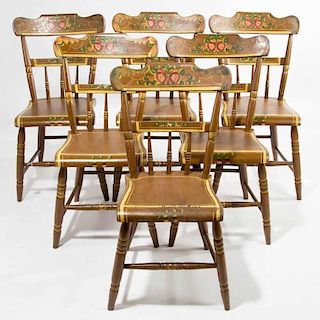 SET OF SIX MID-ATLANTIC PAINT-DECORATED PLANK SEAT SIDE CHAIRS