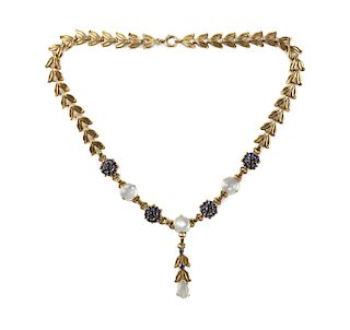 Tiffany & Co 14k Gold, Moonstone & Sapphire Choker Necklace