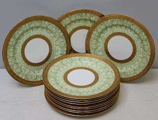 12 Green & Gilt Decorated Porcelain Dinner Plates.