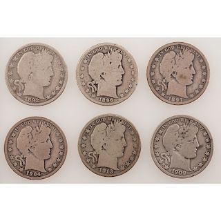 United States Barber Half Dollars 1892, 1896-S, 1897-O, 1904-O, 1909, 1913