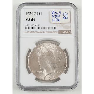 United States Peace Silver Dollar 1934-D, NGC MS64