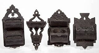 ASSORTED FIGURAL CAST-IRON MATCH HOLDERS / SAFES, LOT OF FOUR