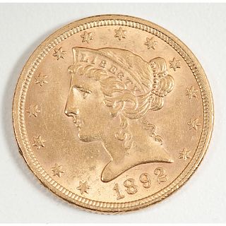 United States Liberty Head $5 Gold Coin 1892