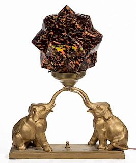 PAINTED METAL DOUBLE ELEPHANT ELECTRIC LAMP