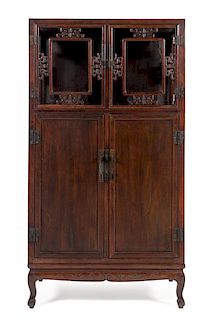 * A Chinese Hongmu Square-Corner Display Cabinet, Wanligui Height 73 x width 31 1/4 x depth 18 1/2 inches.