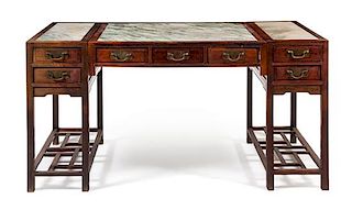 * A Chinese Marble-Inset Hongmu Partner's Desk Shuzhuo Height 33 3/4 x width 34 1/4 x depth 13 inches.