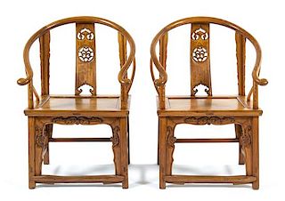 * A Pair of Chinese Hardwood Horseshoeback Armchairs, Quanyi Height 41 x width 25 x depth 20 inches.