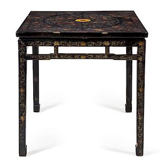 * A Chinese Black and Polychrome Lacquered Hardwood Table, Fangzhuo Height 34 x width 34 x depth 34 inches.
