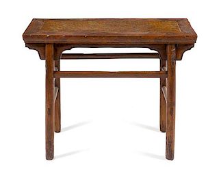 * A Chinese Pudding Stone Inset Elmwood Altar Table, Banzhuo Height 30 1/4 x width 38 1/2 x depth 19 1/4 inches.