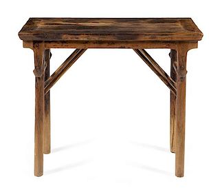 * A Chinese Elmwood Folding Wine Table, Jiuzhuo Height 33 x width 38 x depth 18 inches.