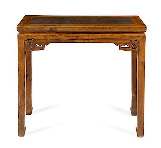 * A Chinese Pudding Stone Inset Hardwood Corner-Leg Table, Banzhuo Height 32 1/4 x width 37 x depth 17 1/2 inches.
