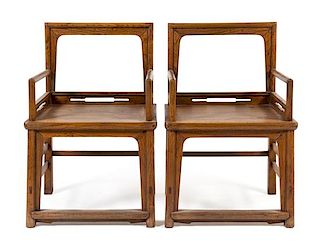 * A Pair of Chinese Elmwood Armchairs, Meiguiyi Height 38 1/2 x width 25 x depth 18 1/8 inches.