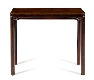 * A Chinese Hardwood Corner-Leg Table, Tiaozhuo Height 31 1/2 x width 36 3/4 x depth 25 inches.