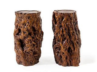 * A Pair of Large Chinese Burlwood Stools Height 19 x width 9 1/4 x depth 9 3/4 inches.